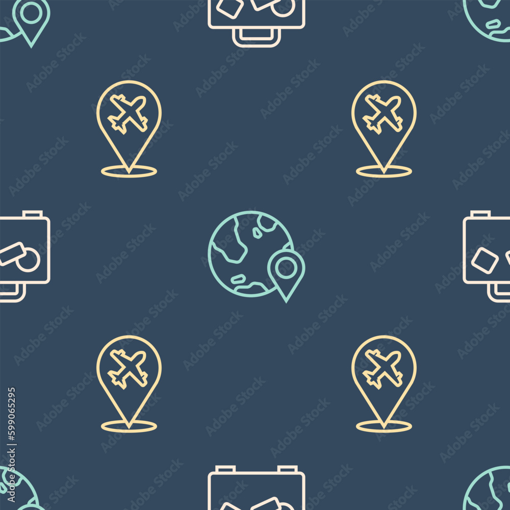 Poster set line suitcase, plane and location on the globe on seamless pattern. vector