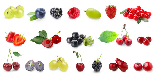 Set of different tasty berries on white background