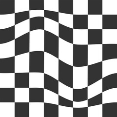 Distorted chess board background. Checkered optical illusion. Psychedelic pattern with warped black and white squares. Race flag texture. Trippy checkerboard surface Generative AI