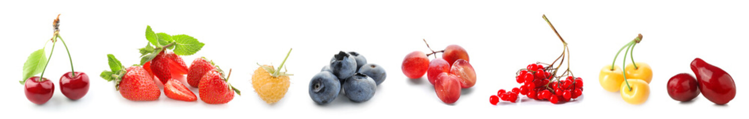 Set of different berries on white background