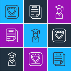 Set line Shield, Graduate and graduation cap and Document icon. Vector