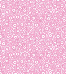 Seamless abstract floral pattern with little stylized pink geometric flowers on a white background. Graphic textile texture. Vector illustration for textile, wrapping, and packaging.
