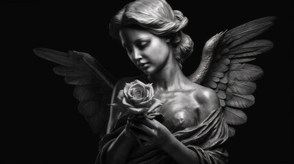 Angel with roses in her hands. Black and white image. Fantasy.generative ai