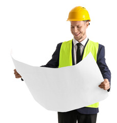 Male architect with drawing on white background