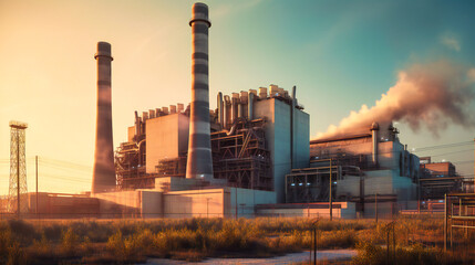 Sunset View of Industrial Power Plant - obrazy, fototapety, plakaty