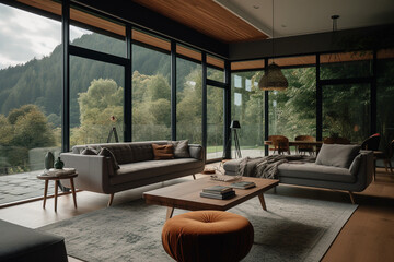 cozy, contemporary living room inside a villa, featuring large floor-to-ceiling windows, a view of lush green mountains, Danish-style furniture, and a bright interior. - obrazy, fototapety, plakaty