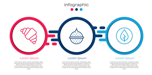 Set line Croissant, Ball tea strainer and Tea leaf. Business infographic template. Vector