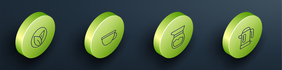 Set Isometric line Tea leaf, Cup of tea, Teapot and Electric kettle icon. Vector