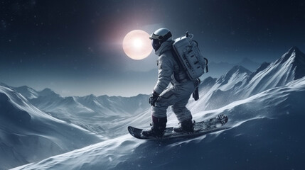 Astronaut in space suit and helmet on snowboard. generative ai