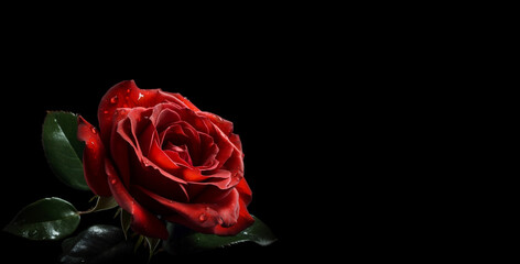 Fresh Red Rose on Black Background Copy Space. Generative AI