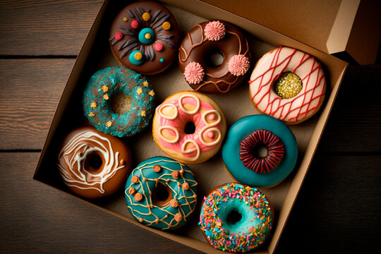 Donuts in box. Generative AI. Top view. Full box of  Doughnuts with frosted, sprinkles and chocolate on wooden table. Food delivery. National Donut Day or Fat Thursday.