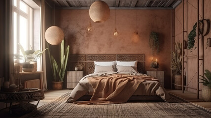 Earthy nomadic bedroom interior, 3d render, Bright color. Generative Ai
