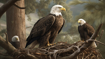 Bald Eagle (Haliaeetus leucocephalus) on nest with chicks.generative ai