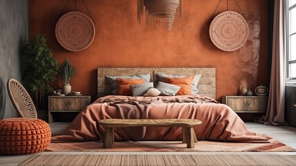 Earthy nomadic bedroom interior, 3d render, Bright color. Generative Ai