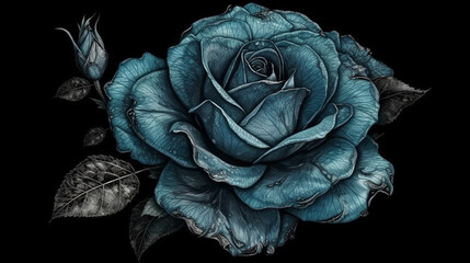 Fototapeta premium Blue rose isolated on black background. Hand drawn illustration.generative ai