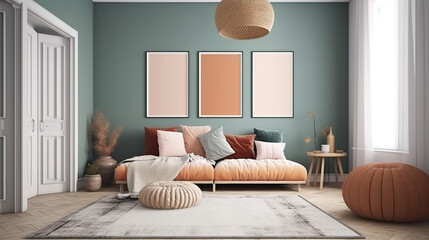 Mock up frame in modern home interior, Scandinavian style. Generative Ai