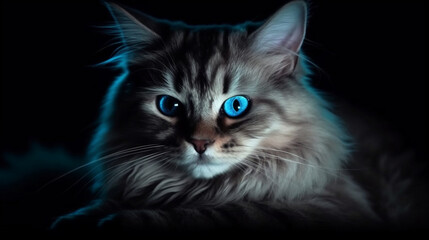 Portrait of Maine Coon cat with blue eyes on black background.generative ai