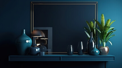 Mock-up frame in dark blue home interior, 3d render, Bright color. Generative Ai