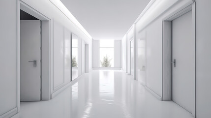 Wall mockup in white clear hallway interior, 3d render, Bright color. Generative Ai