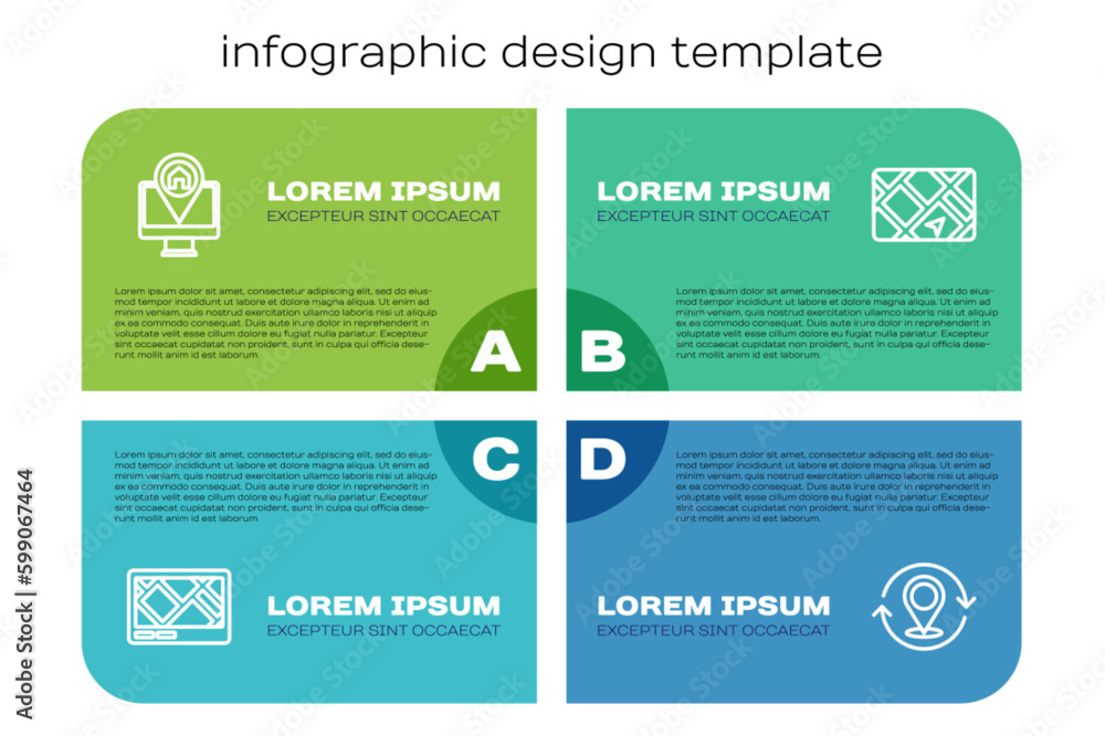 Poster set line gps device with map, monitor location, map pin and . business infographic template. vector