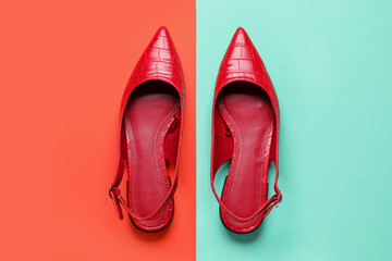 Pair of stylish red shoes on color background