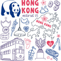 Hong Kong traditional symbols, food and landmarks drawings set. Outline stroke is not expanded, stroke weight is editable. Chinese characters translation: Pawn Shop (street sign), East (mahjong tile)
