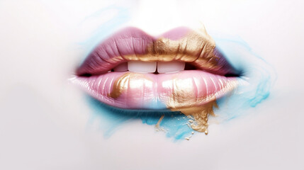 close up of a female lips, with gold, pastel colors, AI Generated
