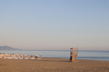 Lifeguard tower on the beach at sunset, Alanya, Turkiye, May 2023.