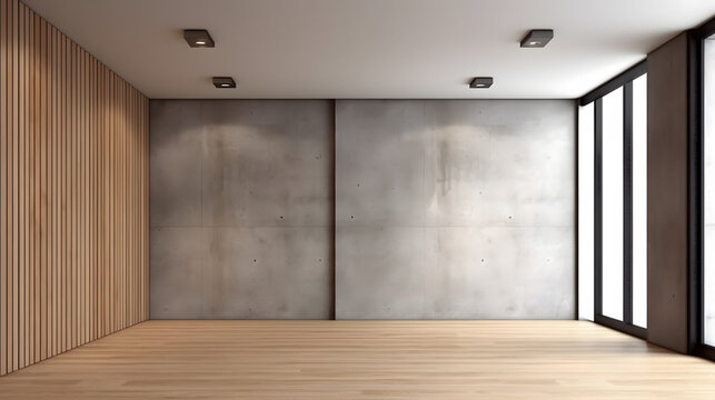 Empty room interior background, concrete wall and wooden paneling. 3d rendering