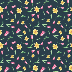 Seamless watercolor pattern with narcissus and tulips on black background. Can be used for fabric prints, gift wrapping paper, kitchen textile.