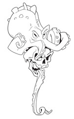 Black and white image of a pirate skull an octopus. Pirate icon. Pirate tattoo. Cartoon characters. Comics style. Funny vector illustration. Isolated on white background. Coloring book
