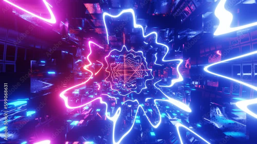 Poster hi-tech neon sci-fi tunel. trendy neon glow lines form pattern and construction in mirror tunnel. be