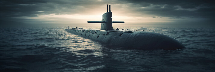 Generic military nuclear submarine floating in the middle of the ocean. AI generative