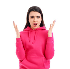 Angry young woman on  white background