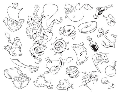 Pirate icon set. Seamless pattern for kids. Comics style. Funny vector illustration. Isolated on white background. Coloring book. Cartoon characters. Black and white image