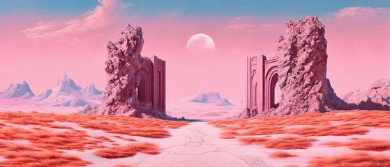 generative ai illustration of a ruin in a pink colored desert area and a fullmoon
