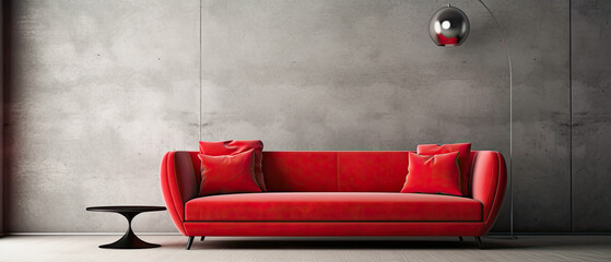 generative ai illustration of a red sofa in a modern room with a gray concrete wall