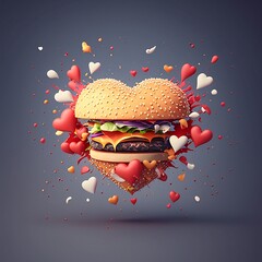 Burger in heart shape with little hearts exploding made with Generative AI. High quality illustration