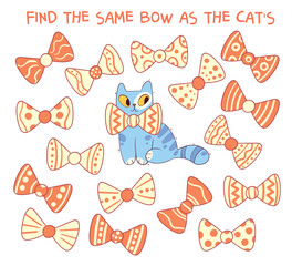Find the same bow as the cats. Find two identical bows. Find 2 same objects. Educational game for children. Choose correct answer. Cartoon characters. Funny vector illustration. Isolated background