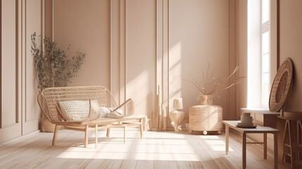 Home mockup, beige room with natural wooden furniture. Generative Ai