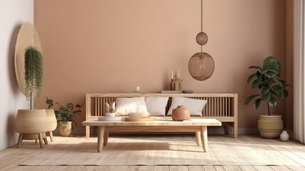 Fototapeta na wymiar Home mockup, beige room with natural wooden furniture. Generative Ai