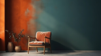 Retro living room interior design with a mid-century armchair. Generative Ai