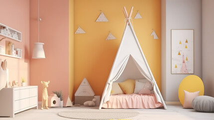 Kids playroom with many toys and large photo frame. Generative Ai