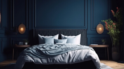 Mockup frame in cozy dark blue bedroom interior background. Generative Ai