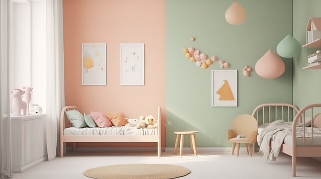 Kids playroom with many toys and large photo frame. Generative Ai