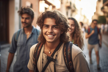 Fototapeta premium young couple or friends or siblings together in an old town, fictional place, excursion or vacation or weekend or shopping in summer. Generative AI