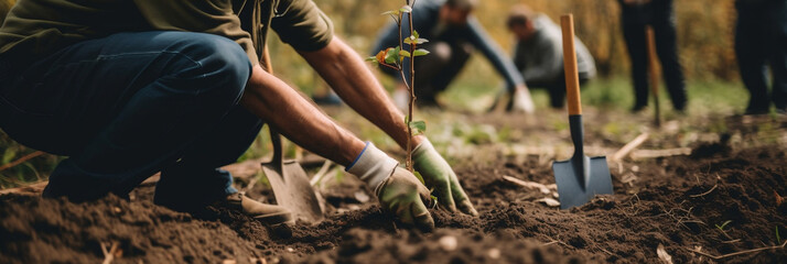 People planting trees or working in community garden promoting local food production and habitat restoration, concept of Sustainability and Community Engagement (generative AI)