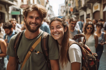 Fototapeta premium young couple or friends or siblings together in an old town, fictional place, excursion or vacation or weekend or shopping in summer. Generative AI