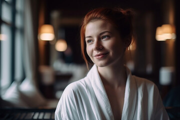 young adult woman in bathrobe in her apartment or on vacation in hotel, luxury, sunny day. Generative AI