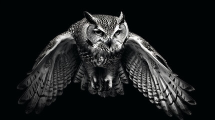 Owl on a black background. Monochrome illustration.generative ai